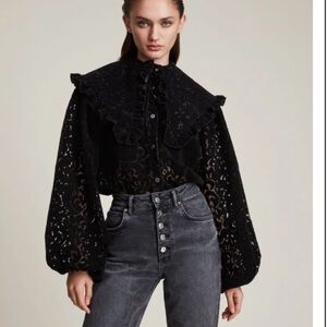 All Saints Black Velvet Lace Top — szUS6